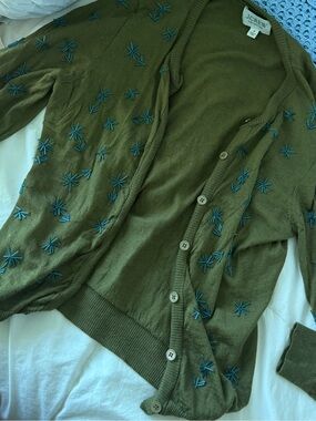 J. Crew Olive Green Cardigan with Blue Embroidered Stars